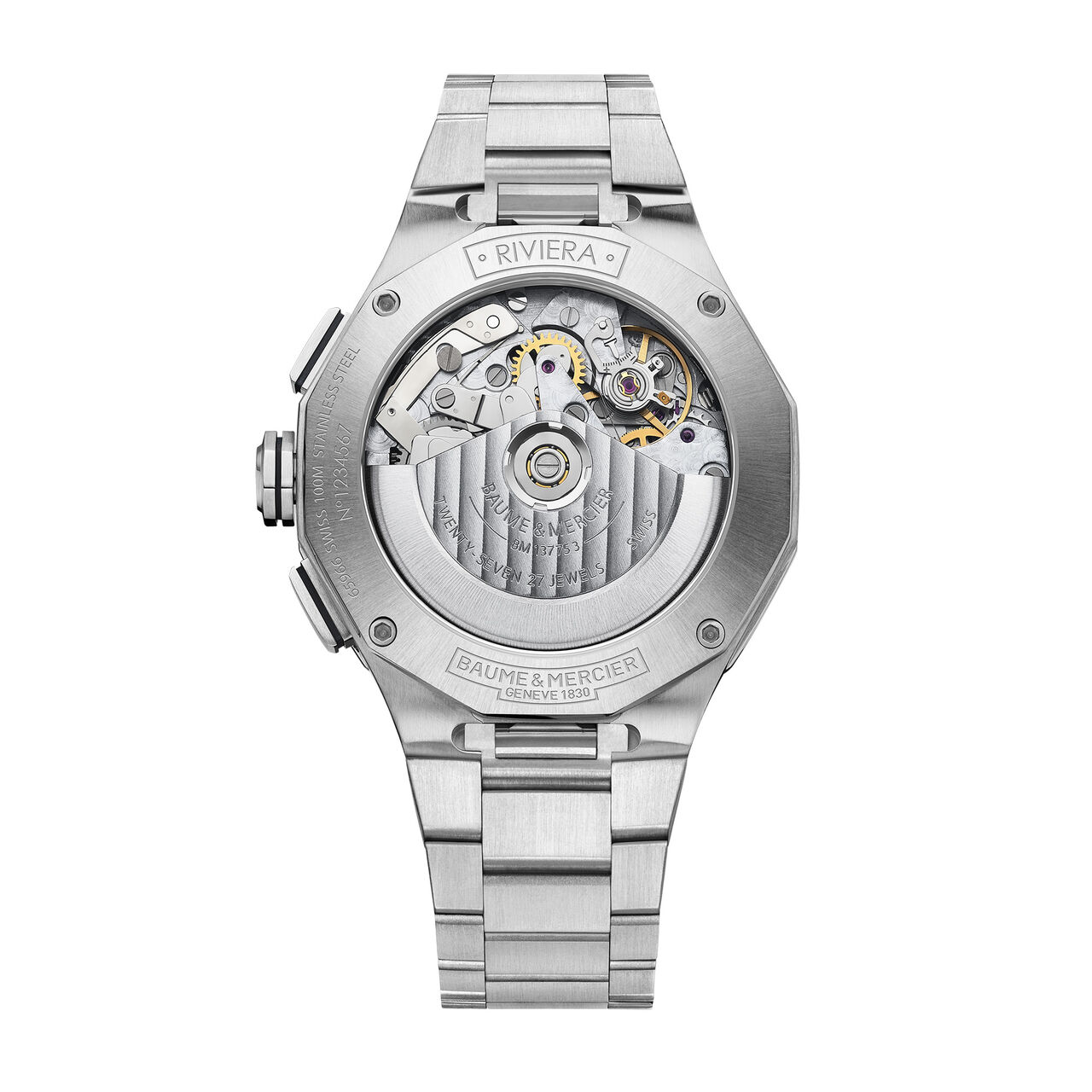 Men's Baume & Mercier Riviera Automatic Chronograph 41 mm Stainless Steel Watch, back view image number 3